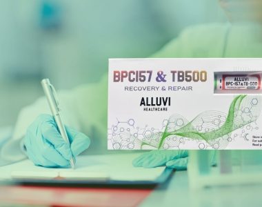 Macro photo of sealed BPC-157 and TB-500 pens, white lab background