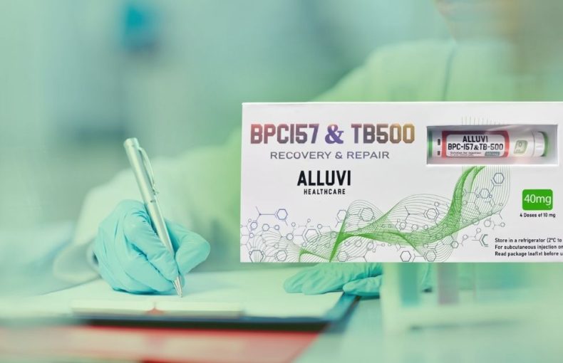 Macro photo of sealed BPC-157 and TB-500 pens, white lab background